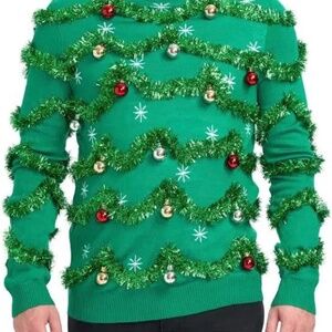 Tipsy Elves Green Sweater with Tinsel and Baubles